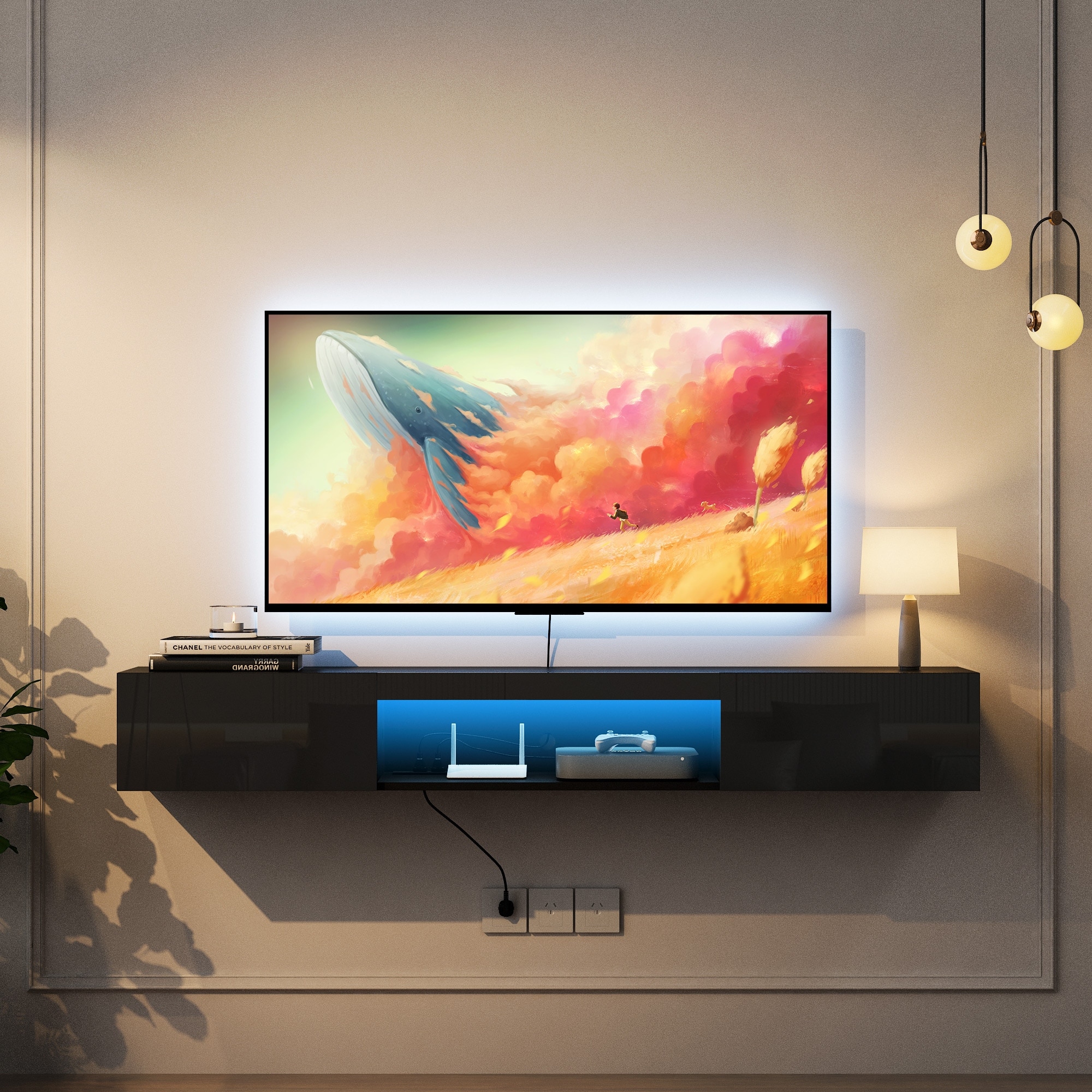 Modern MDF Floating TV Stand with LED Lights and Storage Cabinet Black by GDFStudio