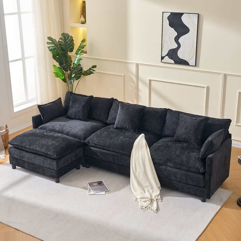 108" L-Shaped Sectional Sofa with Ottoman, 4-Seat Chenille Deep Seat Couch with Pillows, Modern Oversized Sofa for Living Room - Black