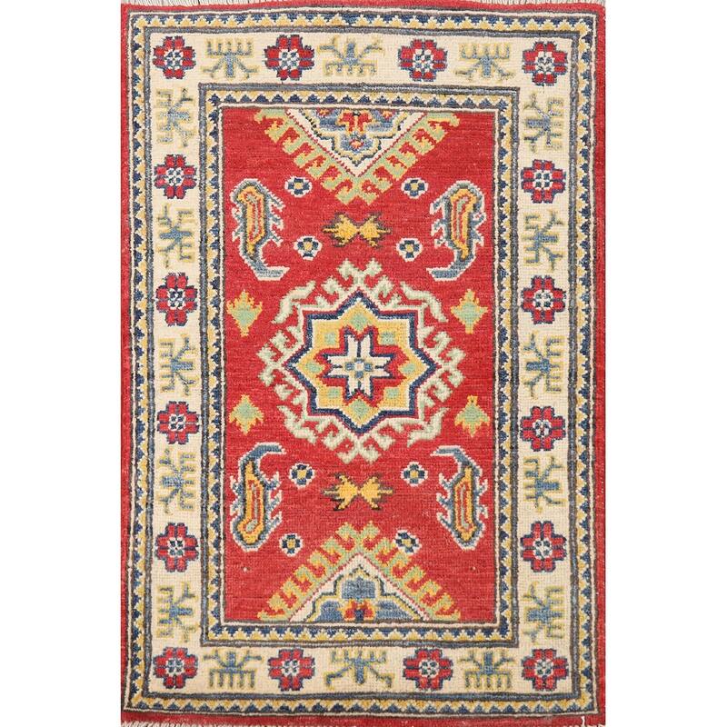 Hand Knotted Oriental 100% Wool Carpet Traditional Geometric Red Kazak Area Rug - 3' 0'' X 2' 0''