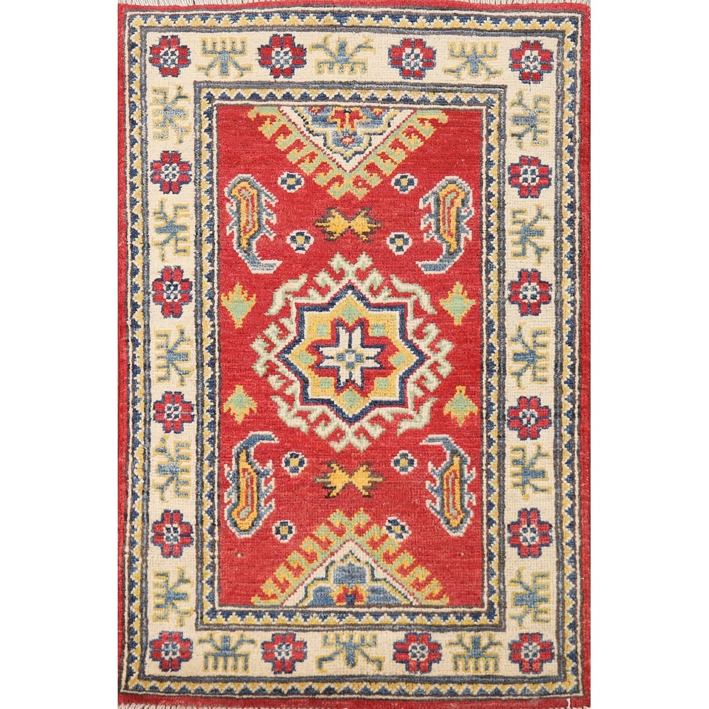 Hand Knotted Oriental 100% Wool Carpet Traditional Geometric Red Kazak Area Rug - 3' 0'' X 2' 0''