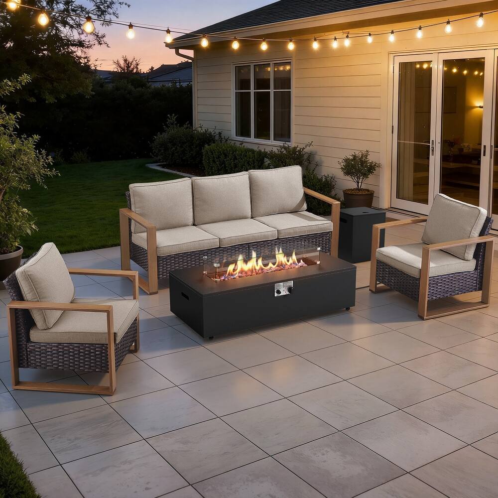 Meyreso Wicker Patio Conversation Set with Metal Fire Pit Table & 4.5-Inch Olefin Cushions