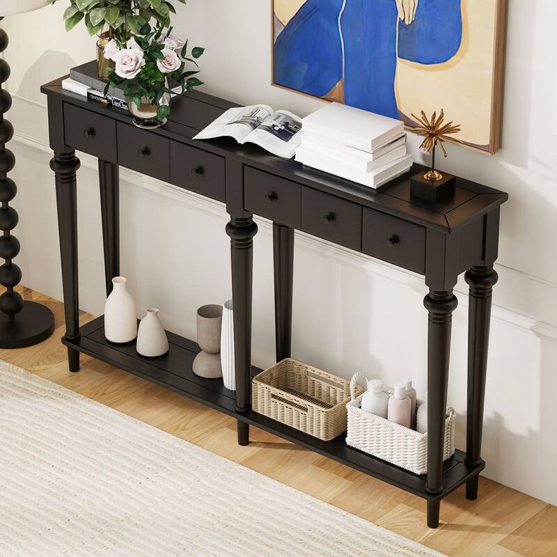 Retro Console Table with Open Shelf and 4 Drawers for Entryways - Black