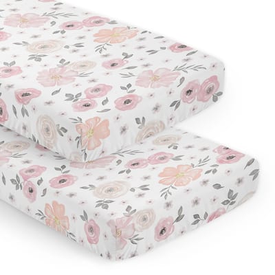 Watercolor Floral Collection Baby Girl 2 Pack Fitted Crib Sheets Blush Pink Grey White Shabby Chic Gray Rose Watercolor Flower