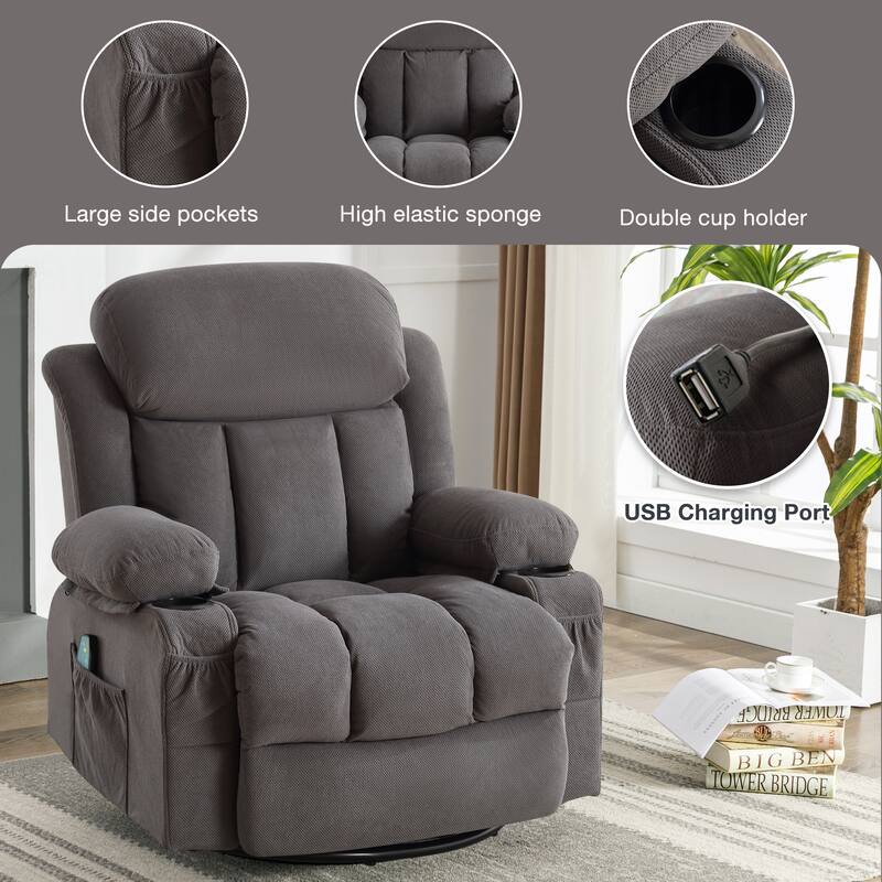 Swinging Recliner Massage Heated Sofa with USB, Cup Holders, Side Pockets, Eight Acupoint Massage