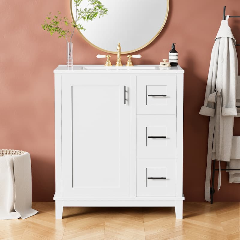 30 Inch Bathroom Vanity Ceramic Sink Rubberwood MDF 1 Door 3 Drawers Soft Close Modern