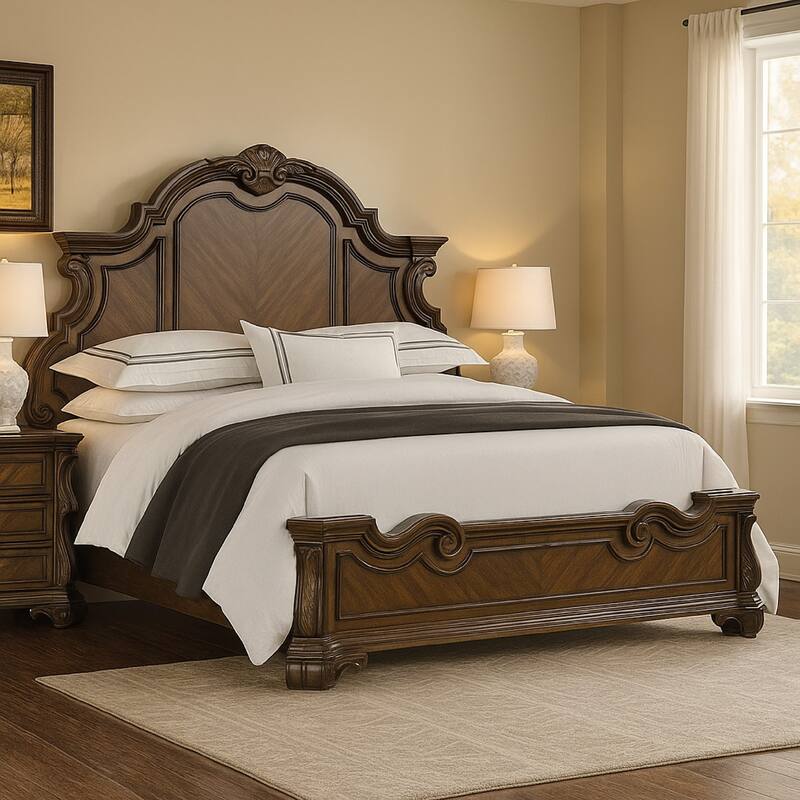 Leova King Bed, Bombay Headboard, Moldings and Corbels, Dark Brown