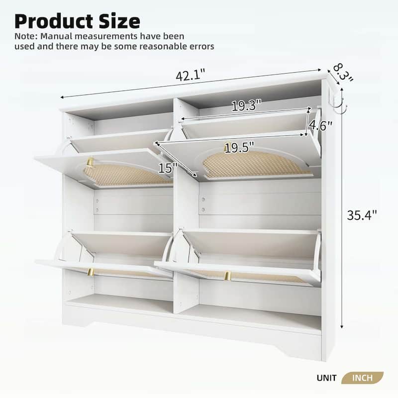 Elegant Entryway Shoe Cabinet with 4 Flip Drawers,with Rattan Doors and Hooks