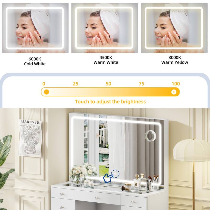 45" Vanity Desk Set with 9 Drawers and Large Hollywood Bulbs Mirror Power Outlet