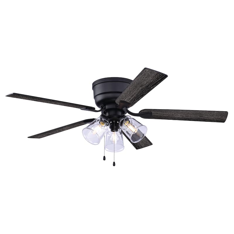 Cromwell 52 in. Matte Black Low Profile Flush Mount Ceiling Fan Reversible Black-Oak Blades, LED Light Kit Pull Chain and Remote