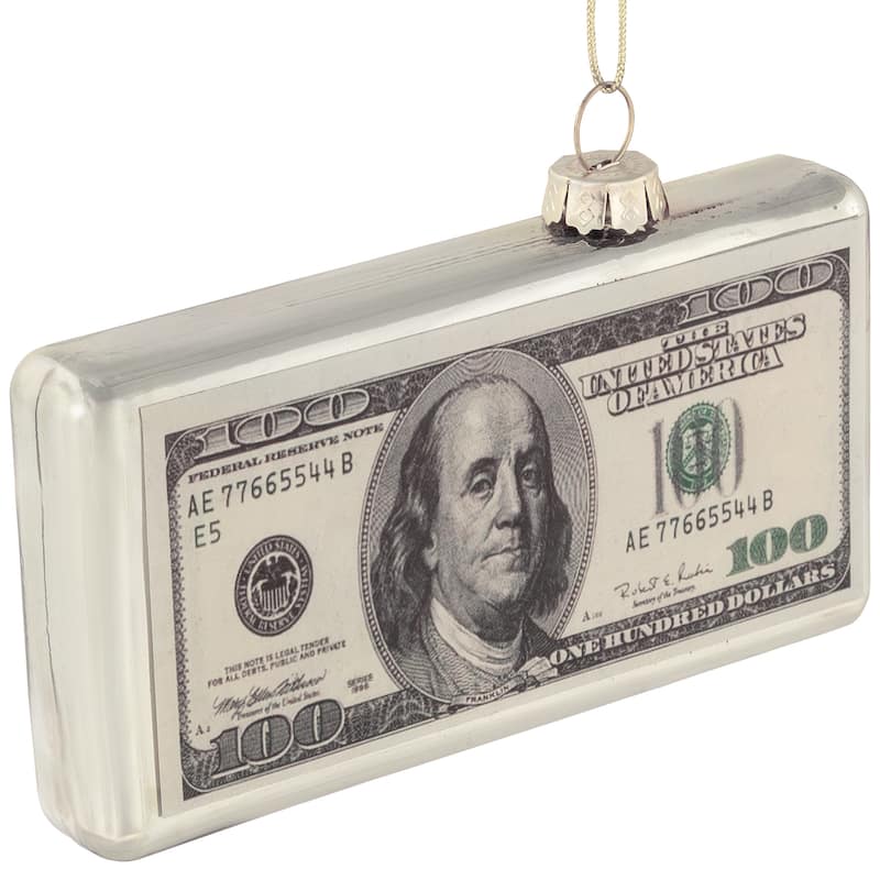 4.5" Silver 100 Dollar Bill Glass Christmas Ornament