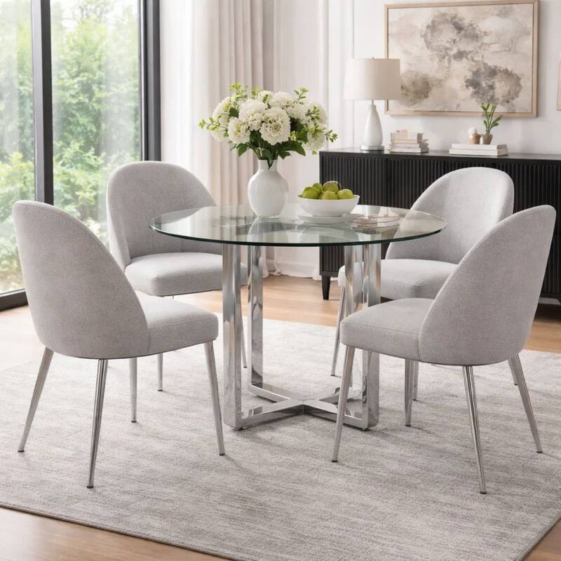 Eun 48 Inch Round Dining Table with Clear Glass Top, Cross Base, Chrome