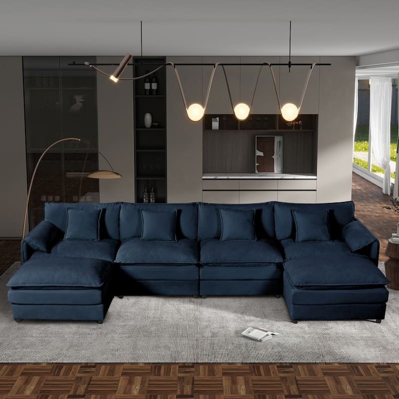 GDFStudio - 6-Piece Modular U-Shaped 143.31" Sectional Sofa with 2 Movable Ottomans - Blue