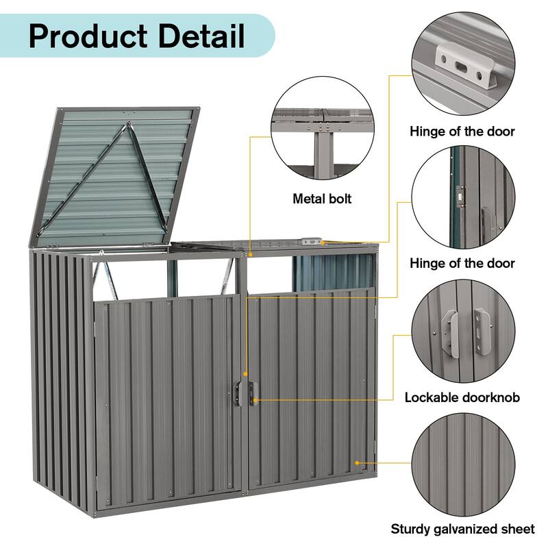 Anmytek Garbage Bin Shed Stores 2 Trash Cans Metal Outdoor Bin Shed for Garbage Storage,Stainless Galvanized Steel, Bin Shed