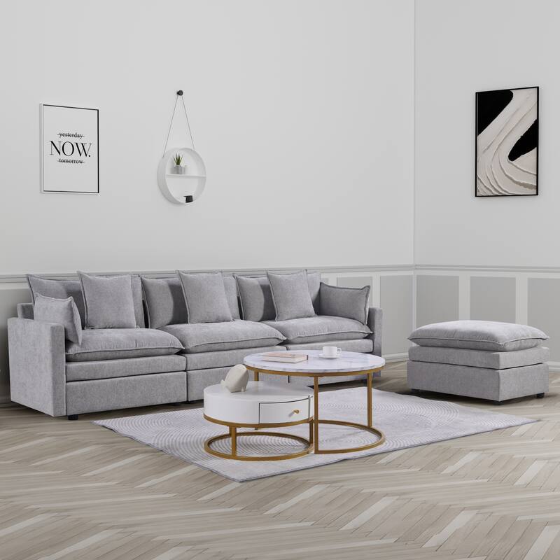Grey 108.66" L-Shaped 4 Seater Sectional Sofa with Convertible Chaise and Ottoman, Spacious Cloud Couch