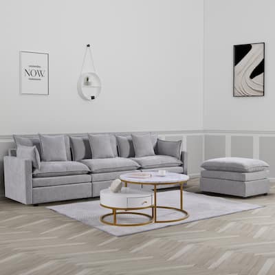 Spacious L-Shaped Chenille Couch with Ottoman Bench, 3-Seater Sleeper Sofa for Living Room