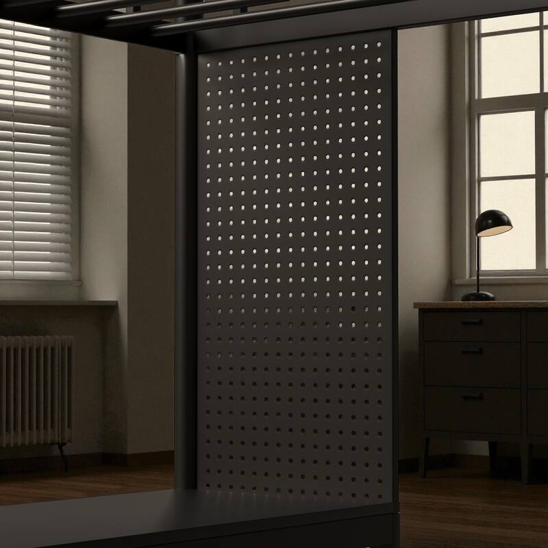 Full Over Twin Metal Bunk Bed with Desk, RGB LED Lights, Charging Station, Storage Shelves and Bags, Heavy Duty Loft Bed