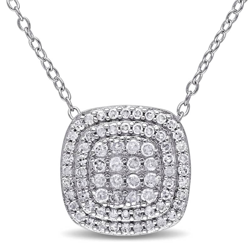 Miadora Sterling Silver 1/2ct TDW Diamond Double-Halo Square Cluster Necklace - White
