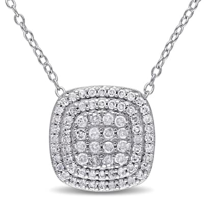 Miadora Sterling Silver 1/2ct TDW Diamond Double-Halo Square Cluster Necklace - White