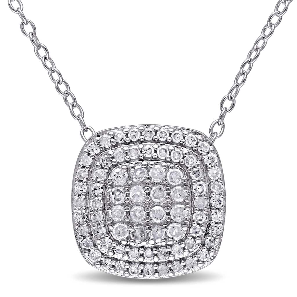 Miadora Sterling Silver 1/2ct TDW Diamond Double-Halo Square Cluster Necklace - White