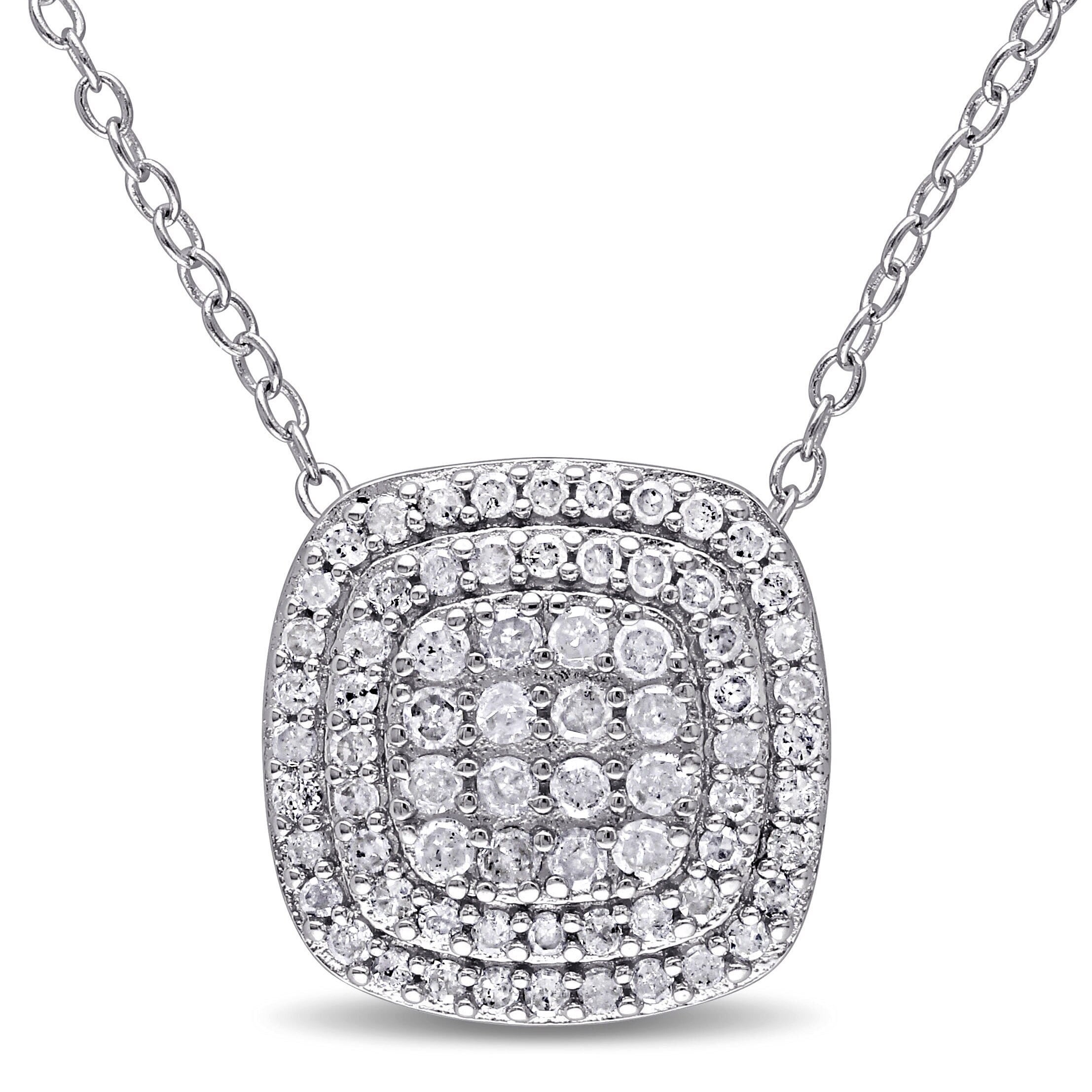 Miadora Sterling Silver 1/2ct TDW Diamond Double-Halo Square Cluster Necklace - White
