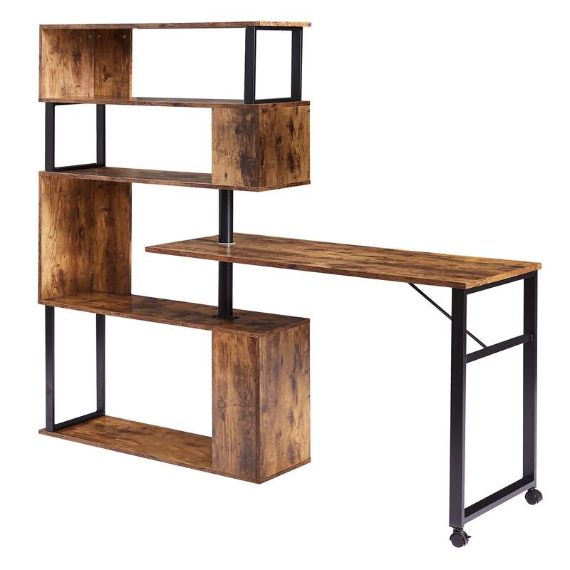 Home Office Computer Desk L-Shaped Corner Table, Rotating Office Desk with 5-Tier Bookshelf & Lockable Casters