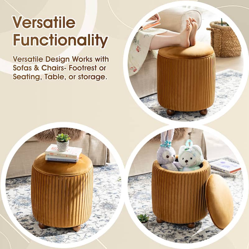 Glitzhome 19"H Velvet Upholstered Storage Ottoman or Accent Stool with Rubberwood Ball Feet
