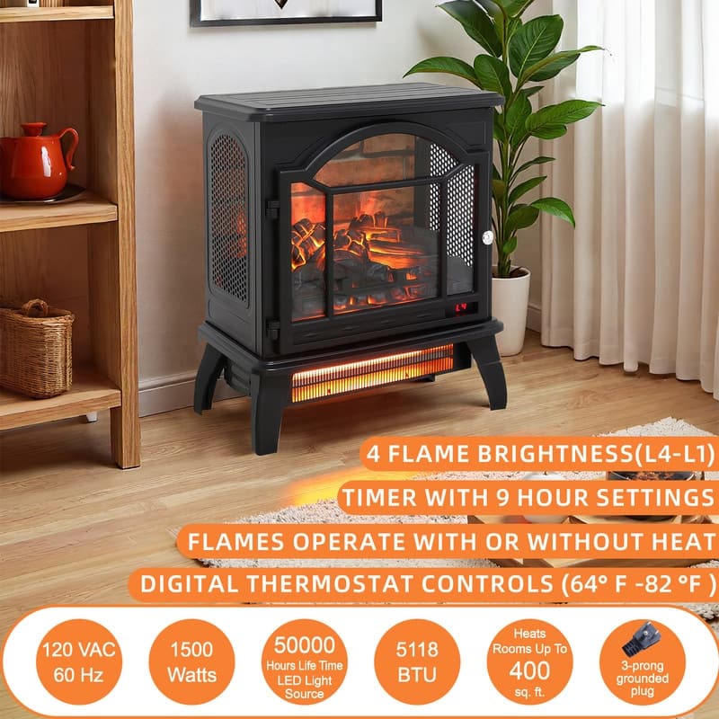 17/18/26 inch Freestanding Electric Fireplace Stove Heater with 3D Flame Effect 12H Timer Infrared Remote Control,Black/Brown