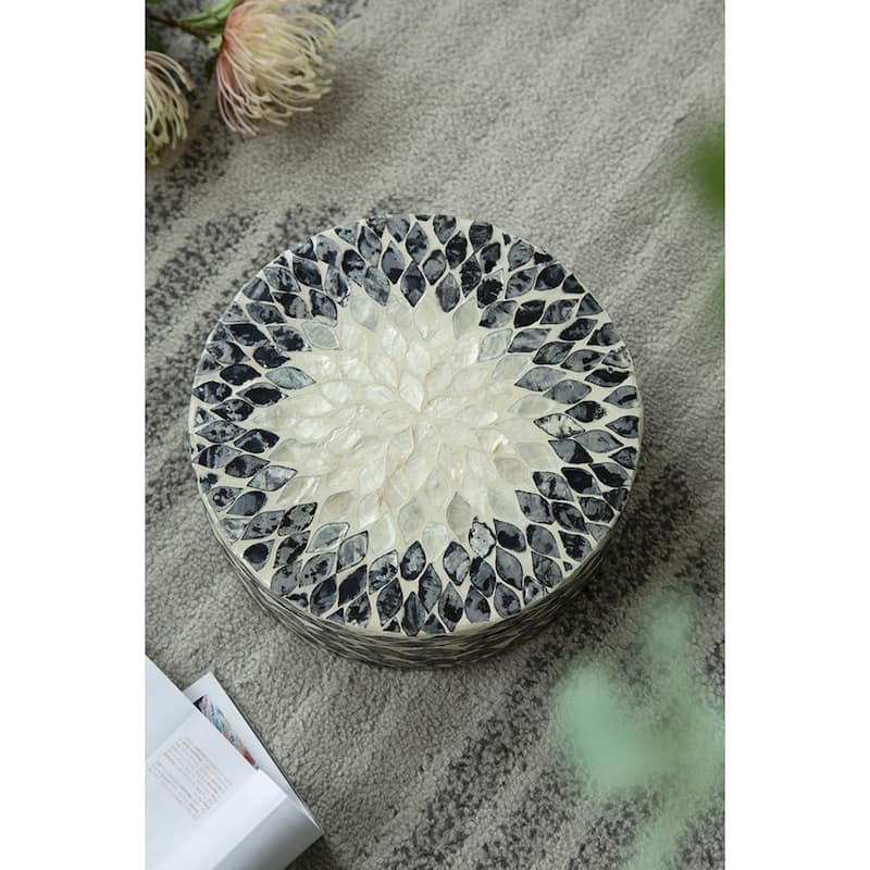 Mosaic Tile Floral Design Box with Lid - 10" - Black and White