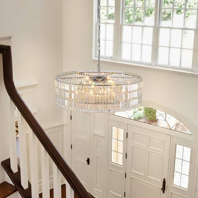 12-Lights Modern Drum Glam Dimmable Crystal Chandelier Round Kitchen Island Light - W31.5"
