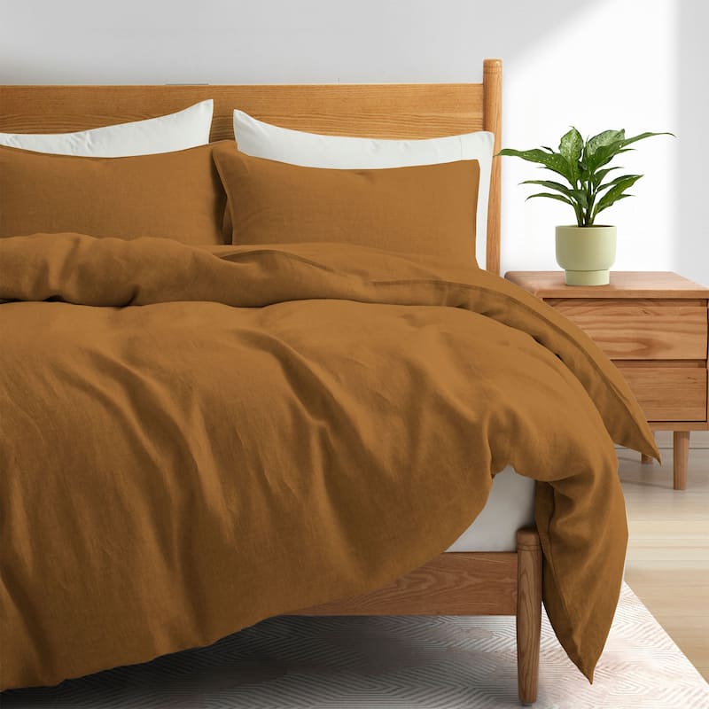 Flax Linen Cotton Blend Duvet Cover Set, Durable, Breathable and Moisture-Wicking, 3 Piece Bedding Set - Twin - Umber