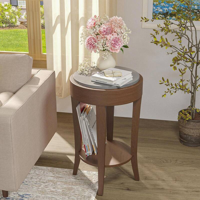 SUNBURY 2-Tier Round Accent Side Table with Shelf
