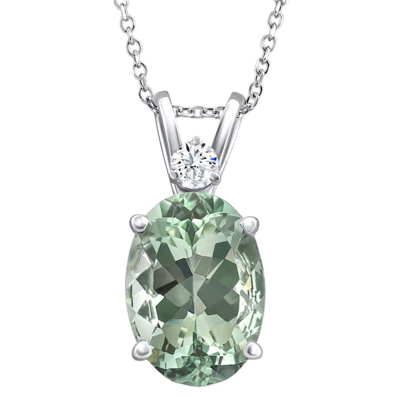 Oval Green Amethyst Diamond Pendant Women's Necklace 18" White Gold