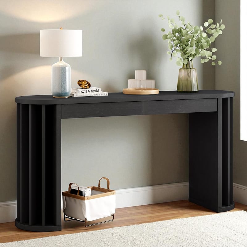 59" Farmhouse Oak Veneer Console Table with 2 Drawers, Curved Legs and Straight Line Design for Entryway or Hallway