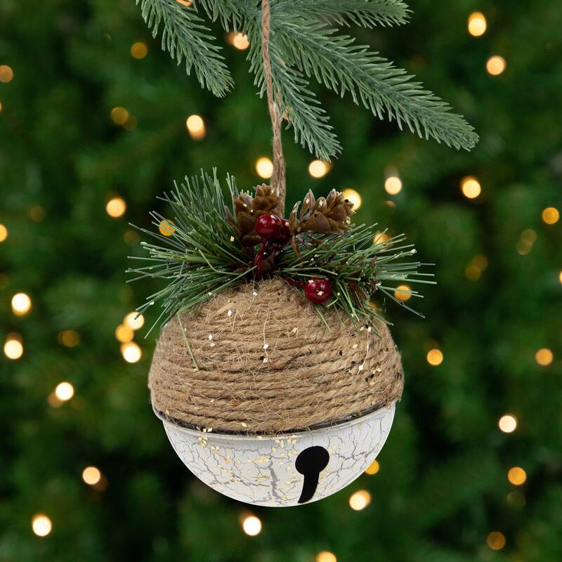 4.75" Green Pine Cone Holly Berry Jingle Bell Christmas Ornament