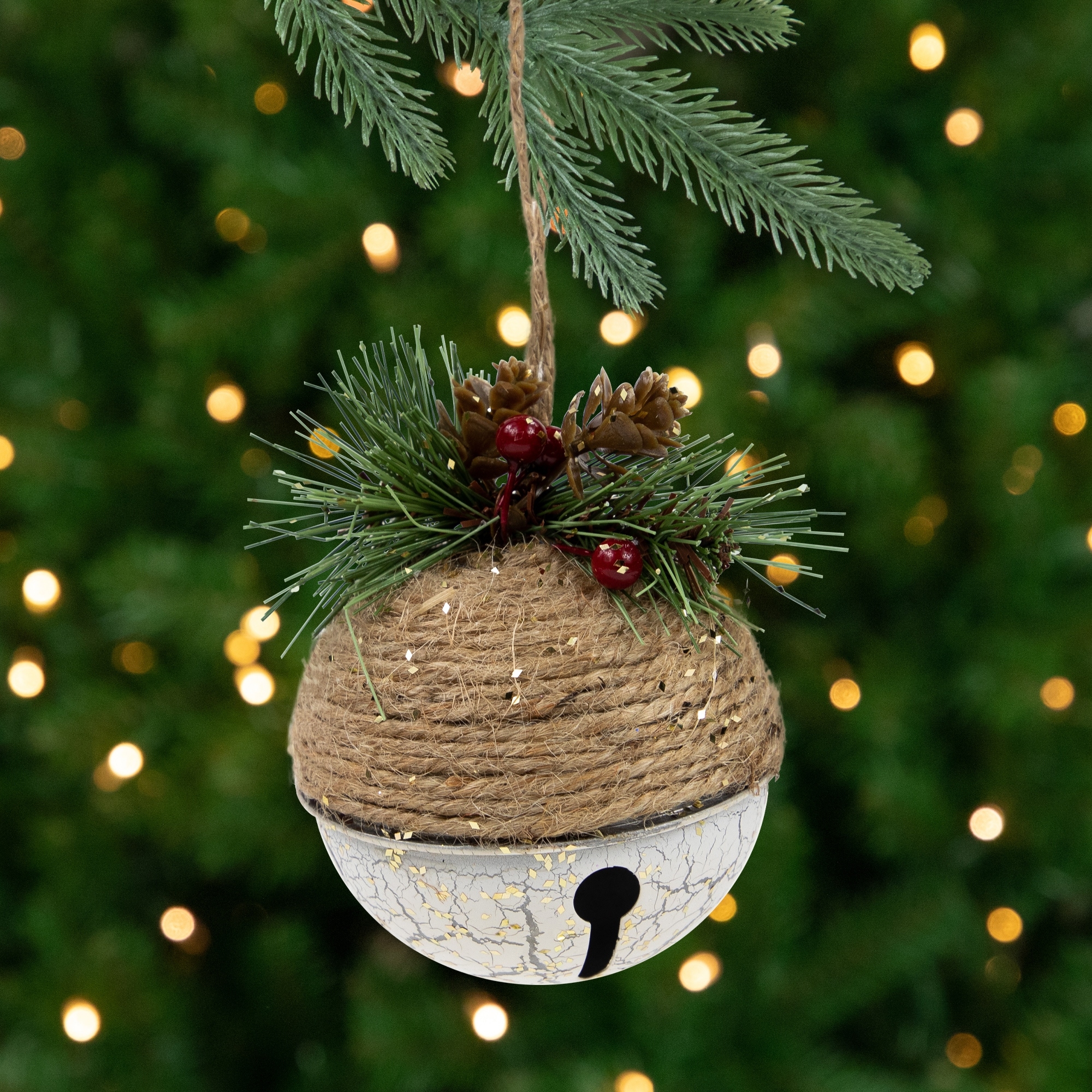 4.75" Green Pine Cone Holly Berry Jingle Bell Christmas Ornament