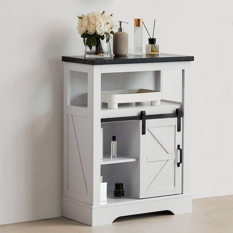 Farmhouse Bathroom Floor Storage Cabinet with Sliding Barn Door And Storage Drawers - Wood Finish - White