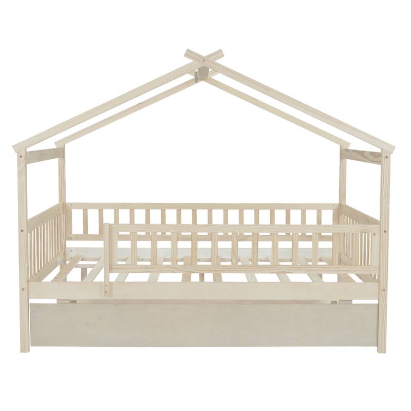 Full Size Wooden House Bed with Twin Trundle, Natural Finish