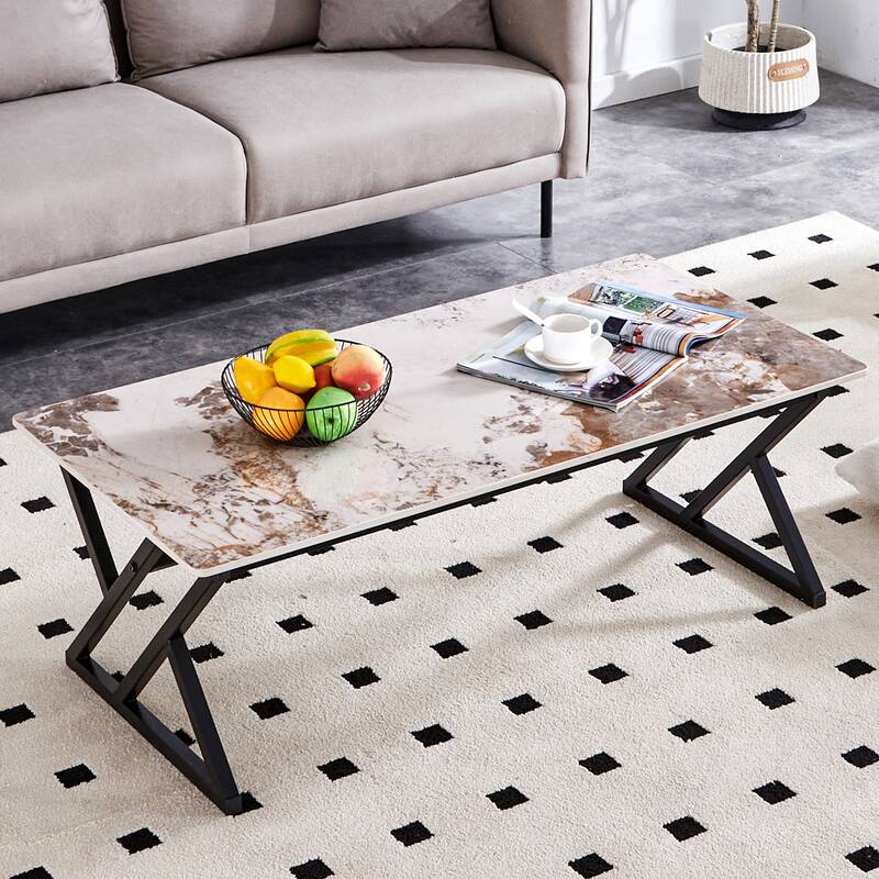 A modern minimalist style marble patterned coffee table with golden metal legs Computer desk Game table Tea table - Brown+Black