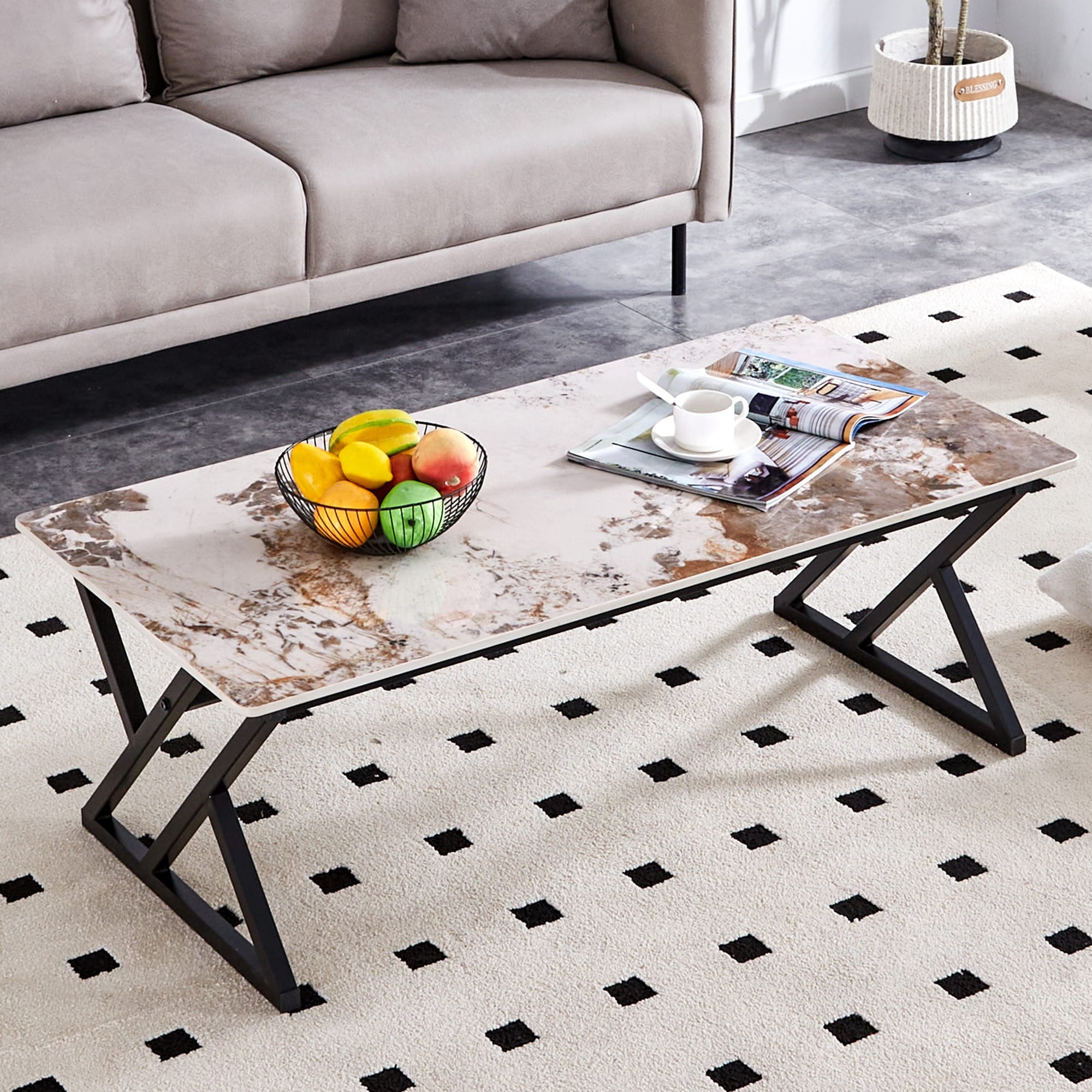 Modern Marble Rock Coffee Table with Black X-Shaped Metal Legs