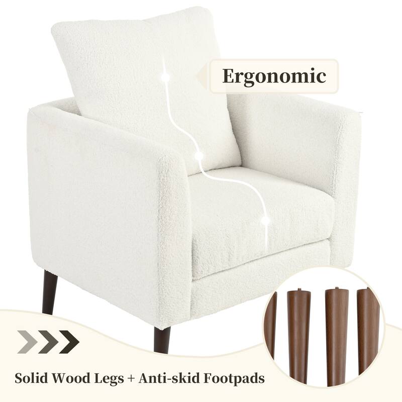 Teddy Fabric Accent Chair, Upholstered Lounge Armchair with Pillow, Reading Chair with Barrel Backrest & Wood Legs