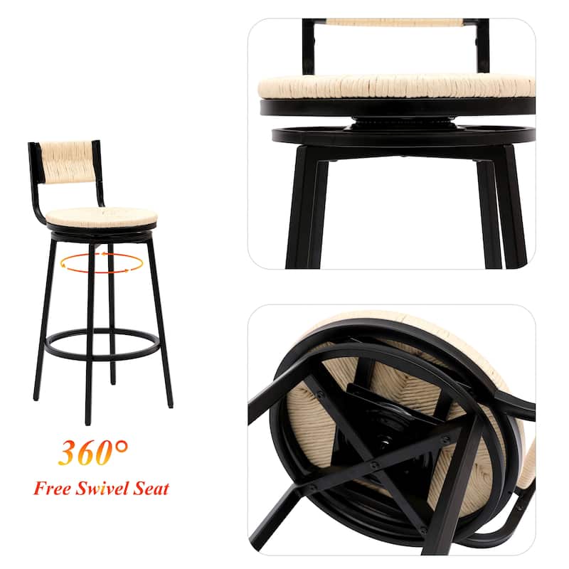 Metal Frame Swivel Bar Stools Set of 2, Hand Woven Paper Rope Counter Stools with Footrest for Kitchen Counter, Dining Room