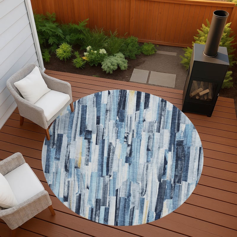 Machine Washable Indoor/ Outdoor Modern Stripes Chantille Rug - Denim - 8' x 8'