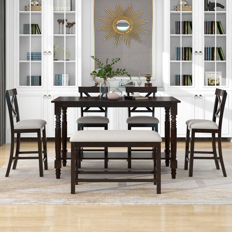 Elegant 6Piece Counter Height Dining Table Set Table with Shelf 4