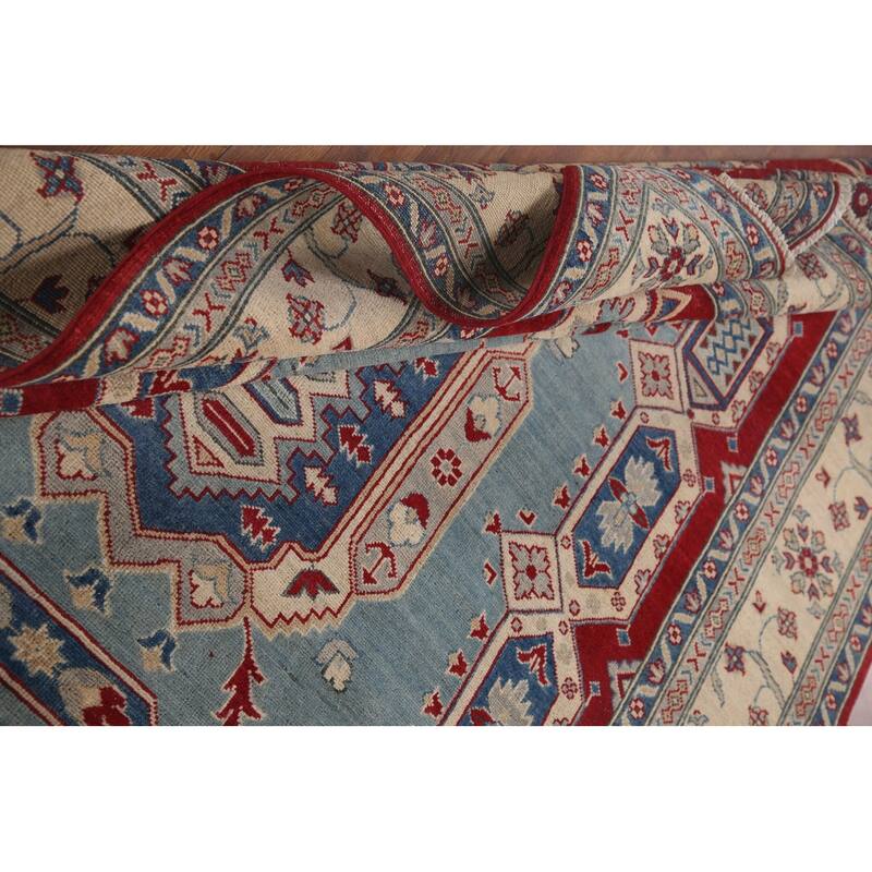 Hand Knotted Oriental 100% Wool Carpet Traditional Geometric Navy Blue & Blues Kazak Area Rug - 9' 6'' X 6' 8''