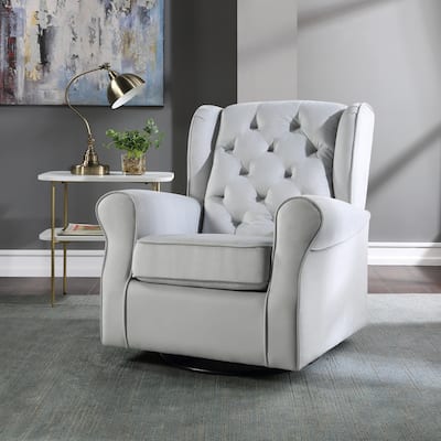 Transitional 35" Upholstered Swivel Arm Chair with Glider and Button Tufted Back Cushion