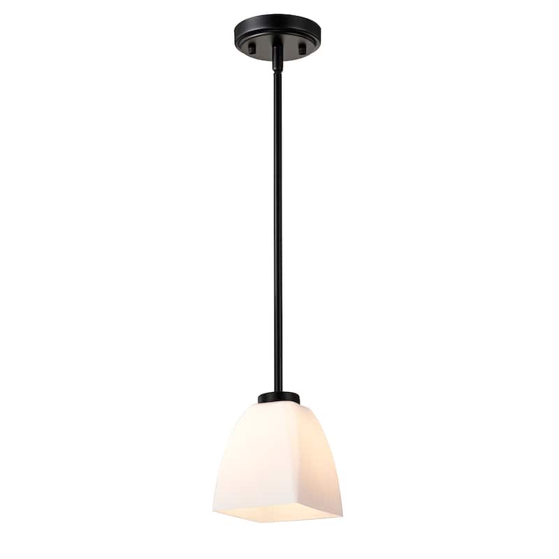 1-Light Matte Black Mini Pendant with Pyramid Shaped Etched White Glass Shade