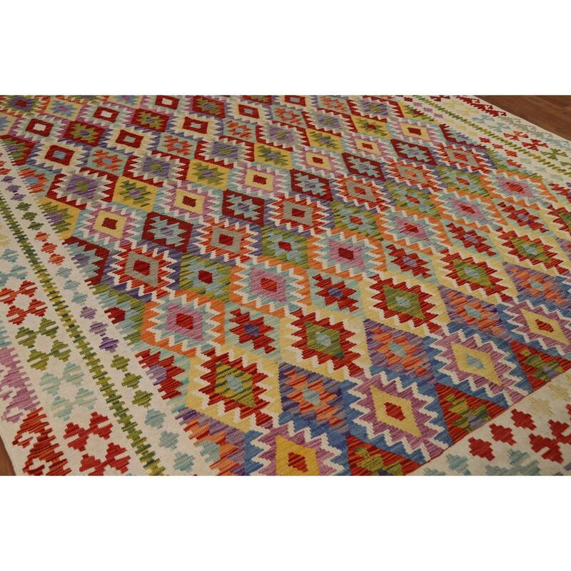 Reversible Geometric Kilim Area Rug Flatweave Wool Carpet - 8'9" x 11'3"