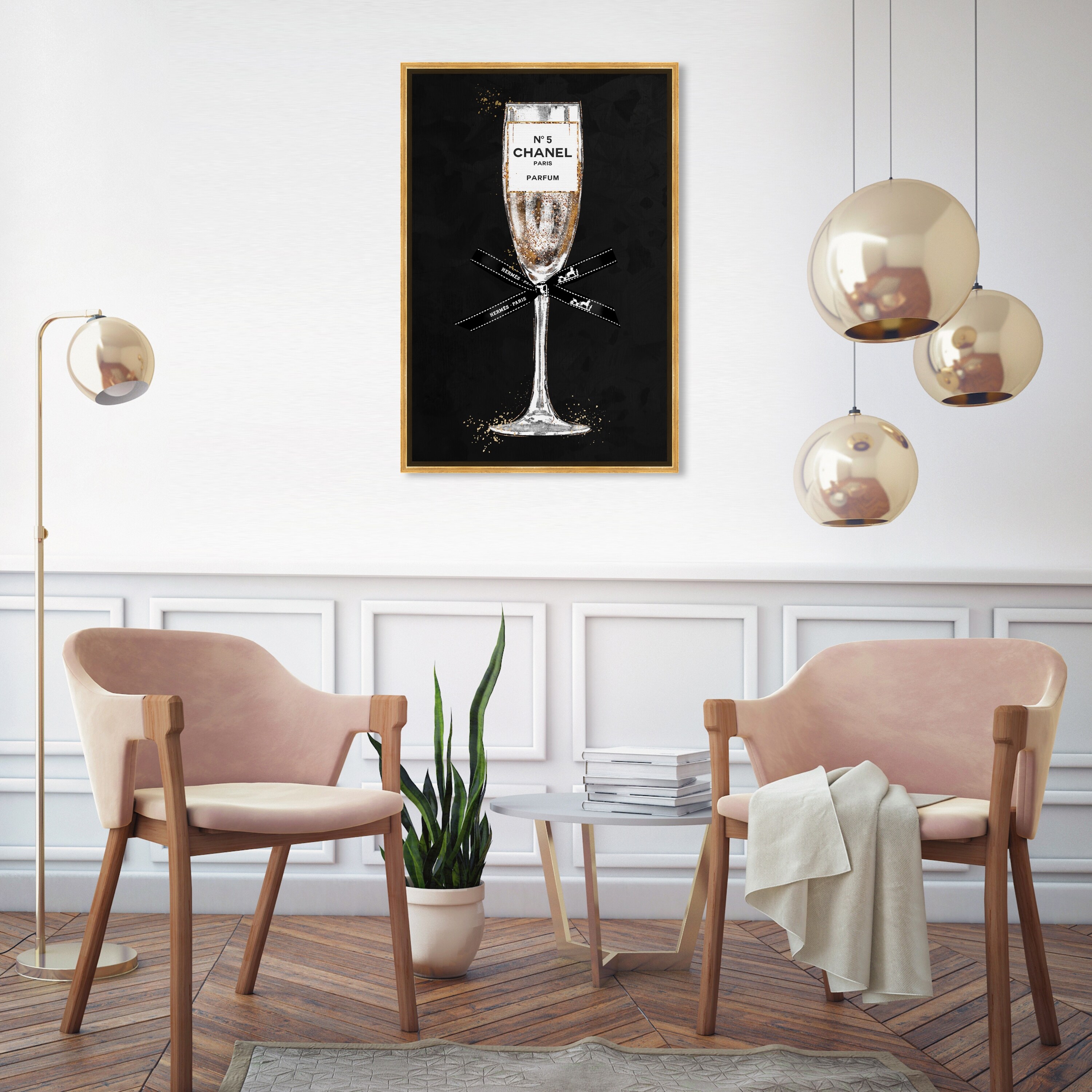 Oliver Gal 'Glam Bubbly Champagne Perfume Ribbon Noir' Wall