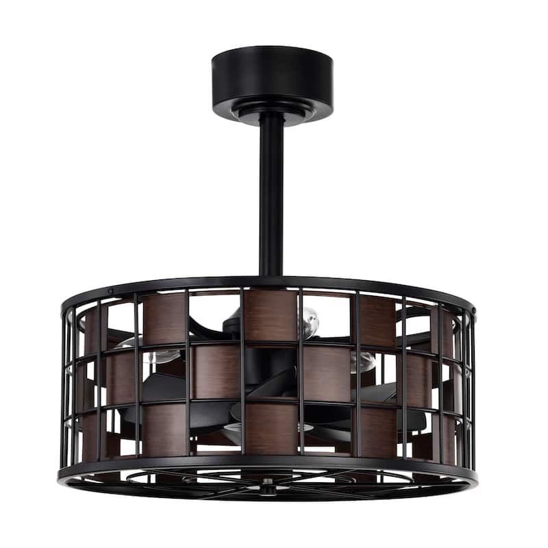 Frenda 18-Inch Matte Black and Wood Grain Finish Lighted Fandelier Checkerboard Drum Shade with REMOTE