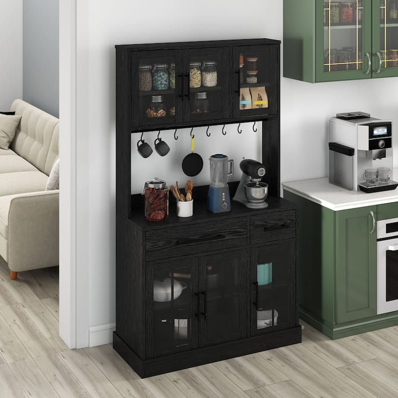 Moasis 71 Inch Tall Pantry Cabinet with Power Strip and Drawers for Kitchen Storage Organizer - Black